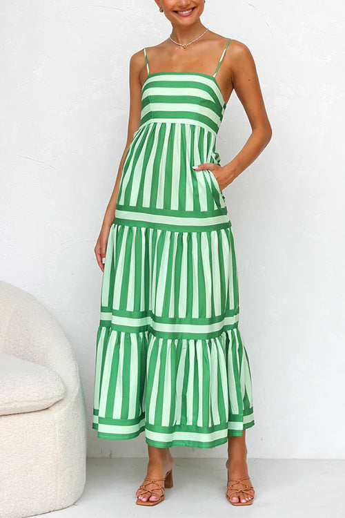 Green striped tiered maxi dress with spaghetti straps and tiered skirt