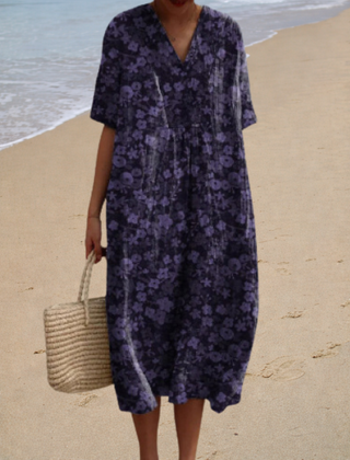 Shauna™ summer dress, purple floral print, V-neck, short sleeves, midi length