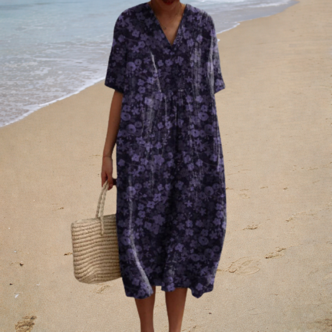 Shauna™ summer dress, purple floral print, V-neck, short sleeves, midi length