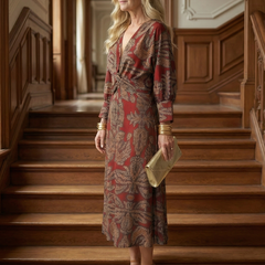 Wrap midi dress with long puff sleeves in red and gold leafy print