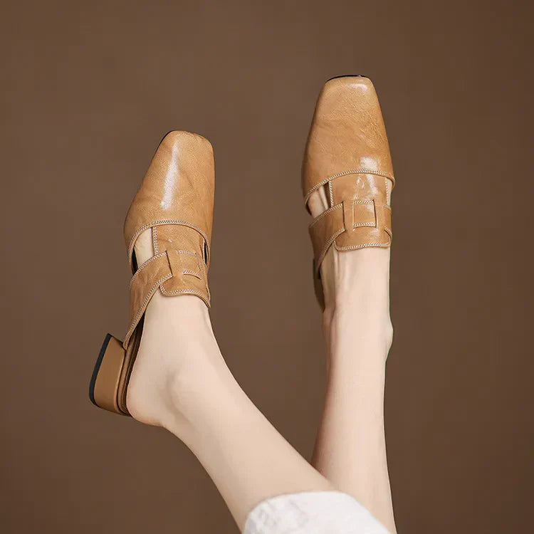 Apricot genuine leather mule with crossover strap, pointed toe, low block heel
