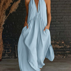Sofie™ maxi dress in blue: halter V-neck, gathered waist seam, billowy maxi skirt