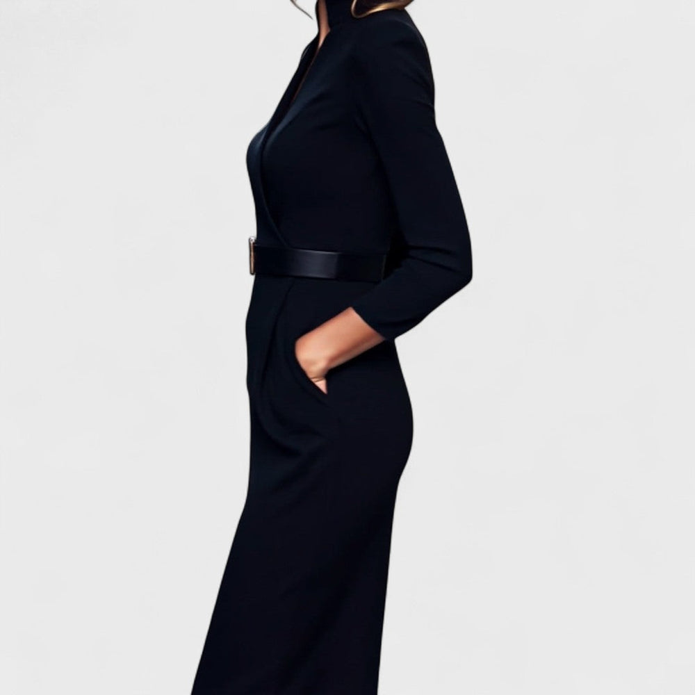 Refined sheath dress, dark blue/black, V-neck, long sleeves, waist belt