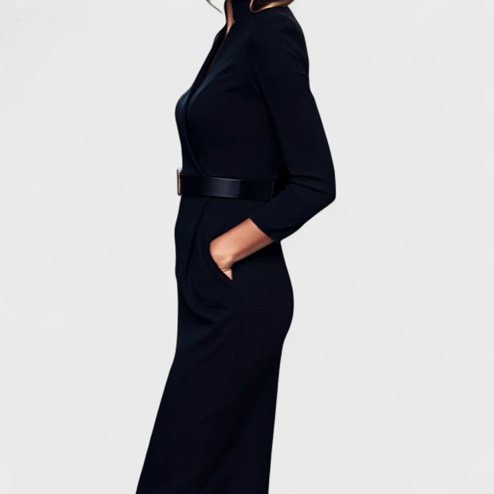 Refined sheath dress, dark blue/black, V-neck, long sleeves, waist belt