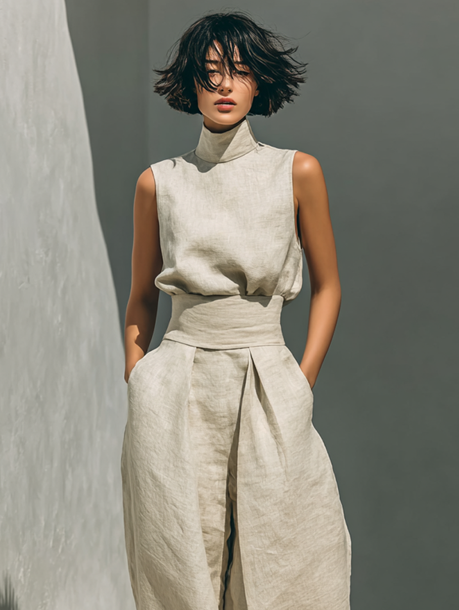 Sleeveless high-neck draped dress with gathered waist and wide legs in light khaki