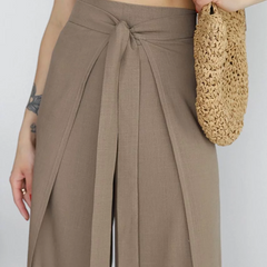 Women’s wide-leg trousers in taupe with front tie waist and pleated drape detail