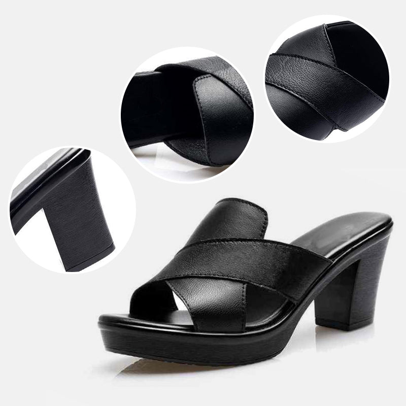 Black leather platform heeled sandals with crisscross strap and thick block heel