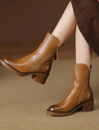 Brown leather ankle boots with side zipper and tassel pull, block heel.
