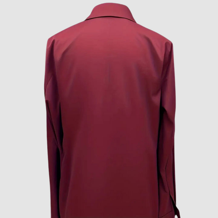Elegant satin blouse, burgundy back view, long sleeves