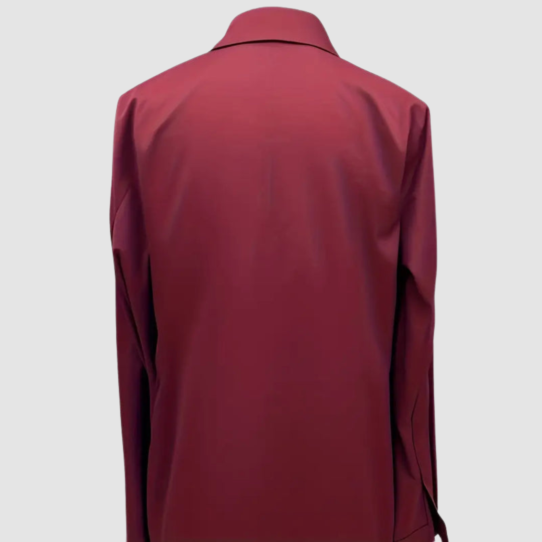 Burgundy satin blouse back with long sleeves and neat collar