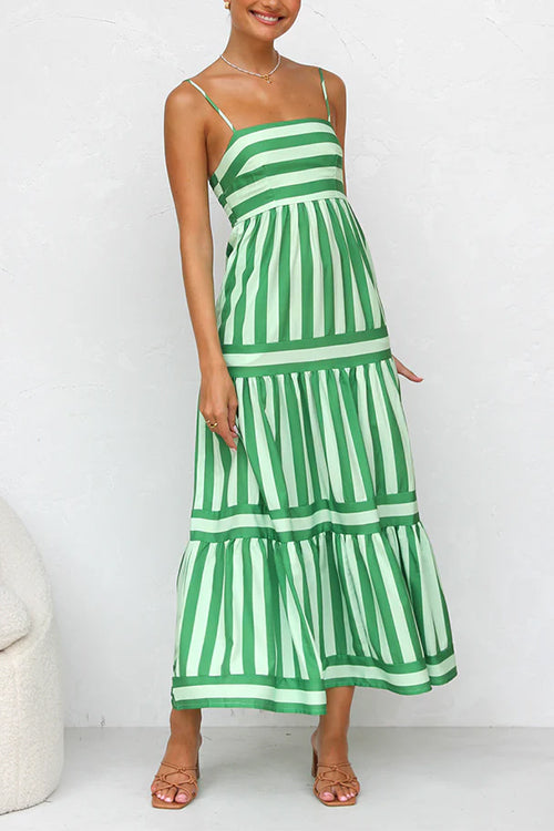 Green striped tiered maxi dress with spaghetti straps and smocked bodice