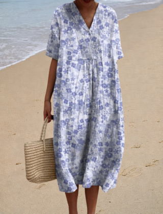 Shauna™ summer dress, light blue floral print, V-neck, short sleeves, midi length
