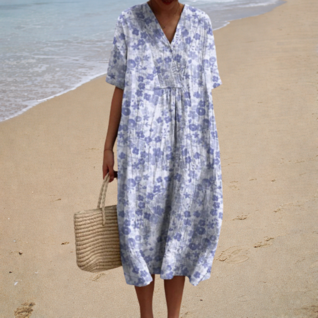 Shauna™ summer dress, light blue floral print, V-neck, short sleeves, midi length