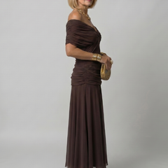 Off-shoulder flow midi dress in dark brown with ruched bodice and midi skirt