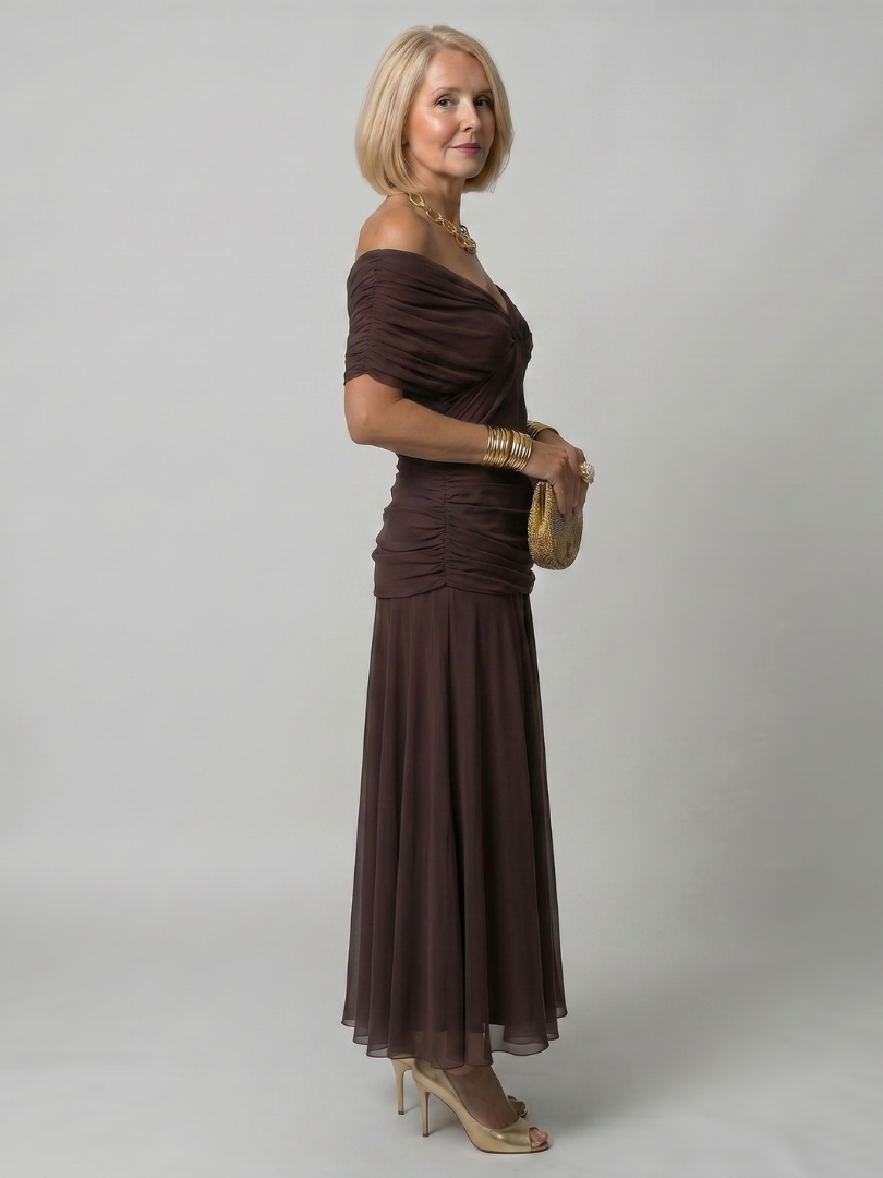 Off-shoulder flow midi dress in dark brown with ruched bodice and midi skirt