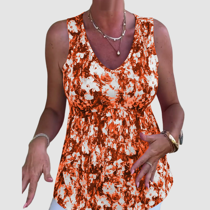 Sleeveless scoop-neck breathable top, orange and white abstract print, ruched bodice