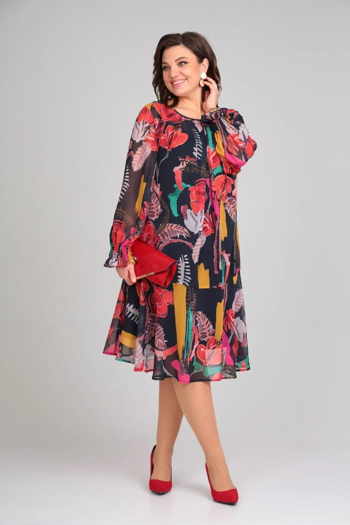 Florinda™ floral dress 3/4 view, dark navy with bright floral print; long sleeves, knee length