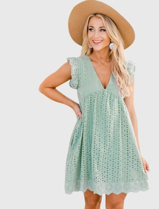 2-in-1 summer dress, mint green V-neck eyelet with scalloped hem, cap sleeves