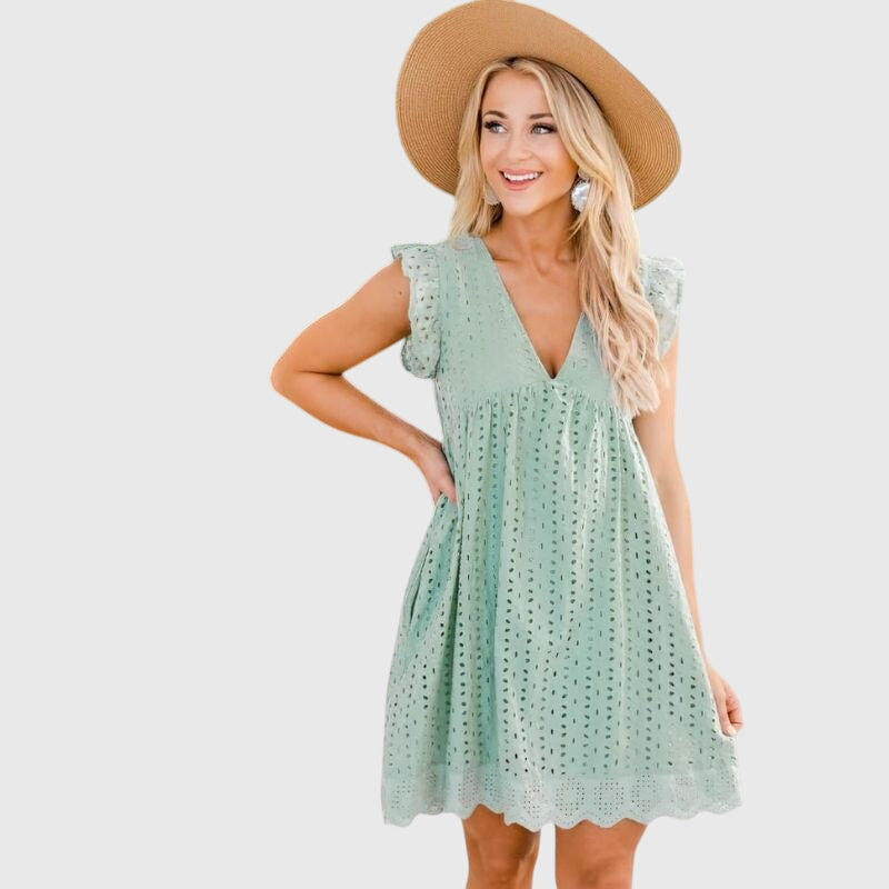 Mint green sleeveless V-neck 2-in-1 summer dress with eyelet texture and scalloped hem