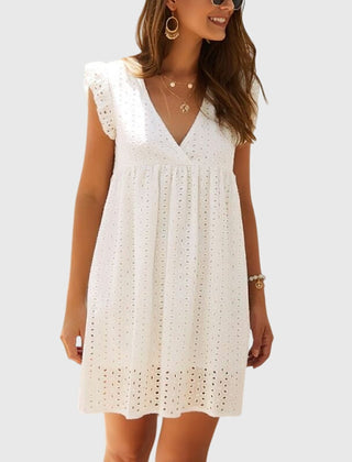2-in-1 summer dress, white V-neck eyelet with scalloped hem, cap sleeves