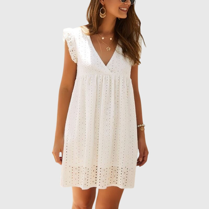 White sleeveless V-neck 2-in-1 summer dress with eyelet texture and fitted bodice