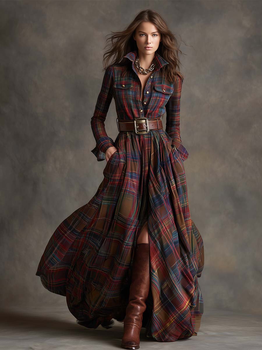 Belted shirt dress in red and green plaid with long sleeves, button-front, and full skirt