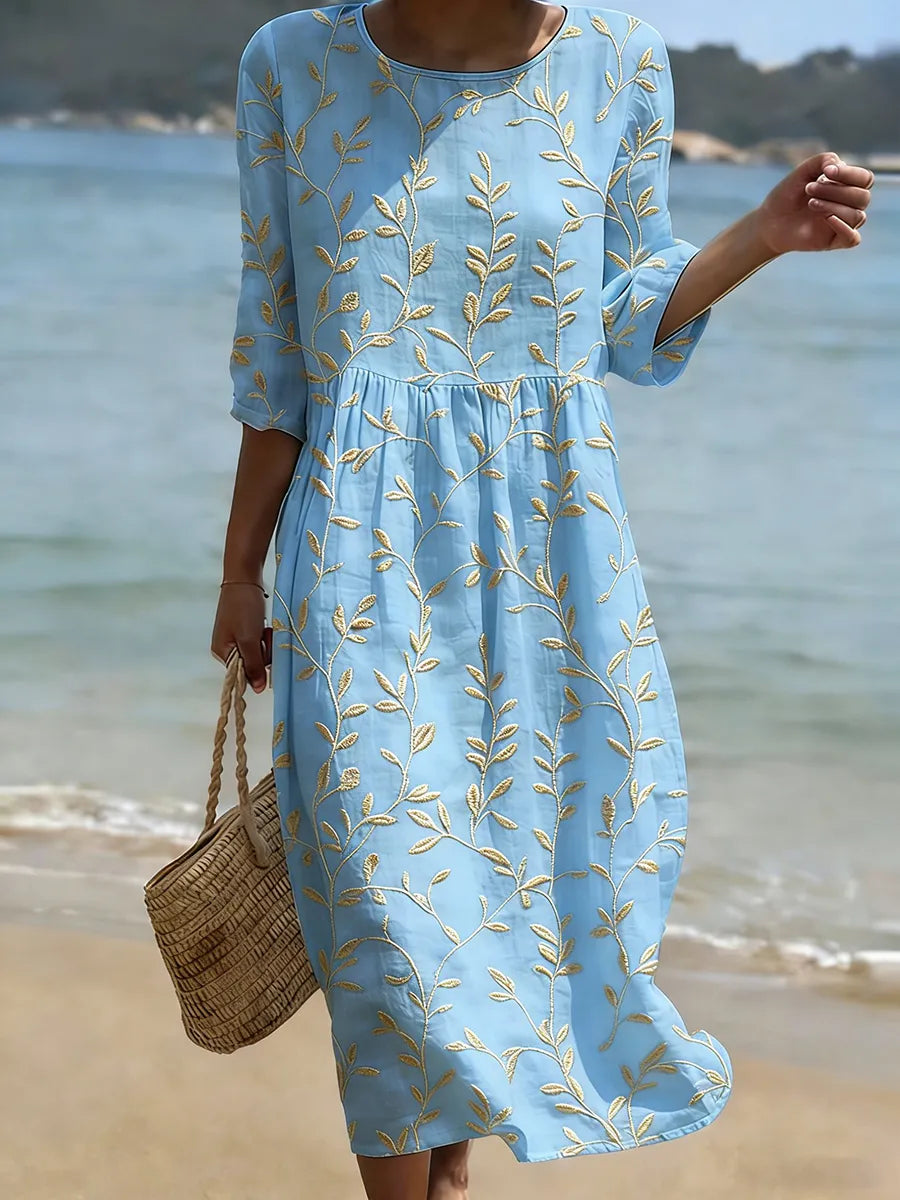 Women's casual floral print dress, light blue with yellow leaves, gathered waist, short sleeves