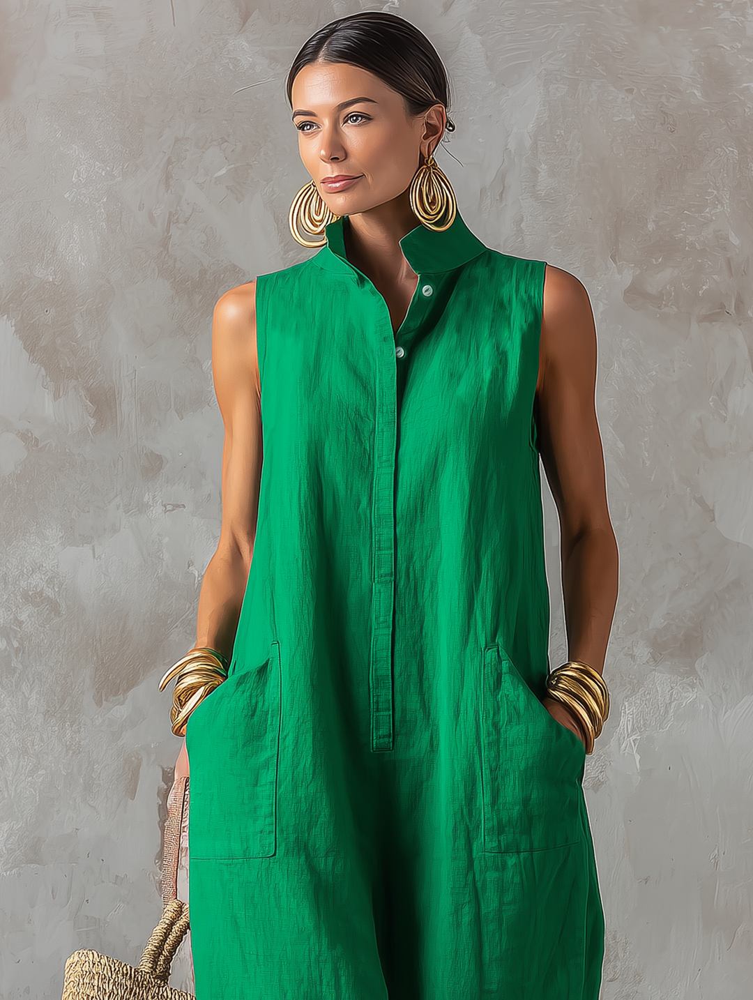 Green Jerline™ jumpsuit close-up: collared button-front with flap chest pockets