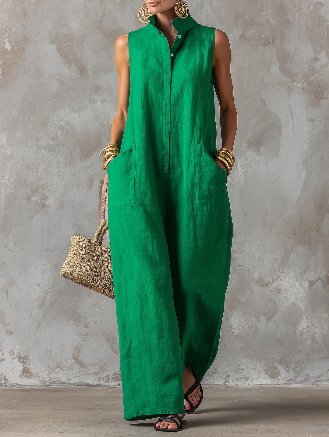 Sleeveless green Jerline™ jumpsuit, collared button-front, chest pockets, wide legs