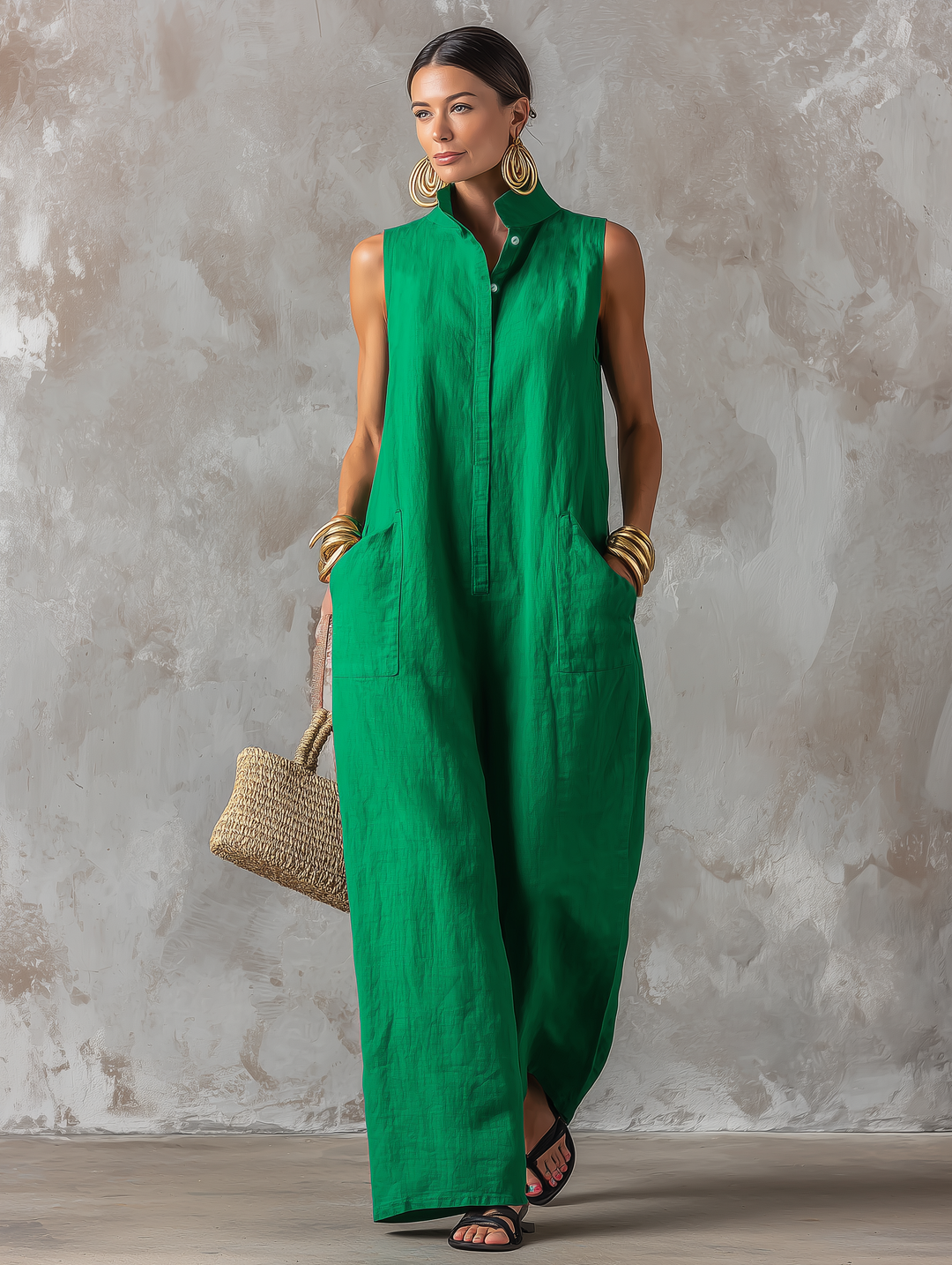 Green sleeveless Jerline™ jumpsuit with collar, button-front, wide-leg pockets
