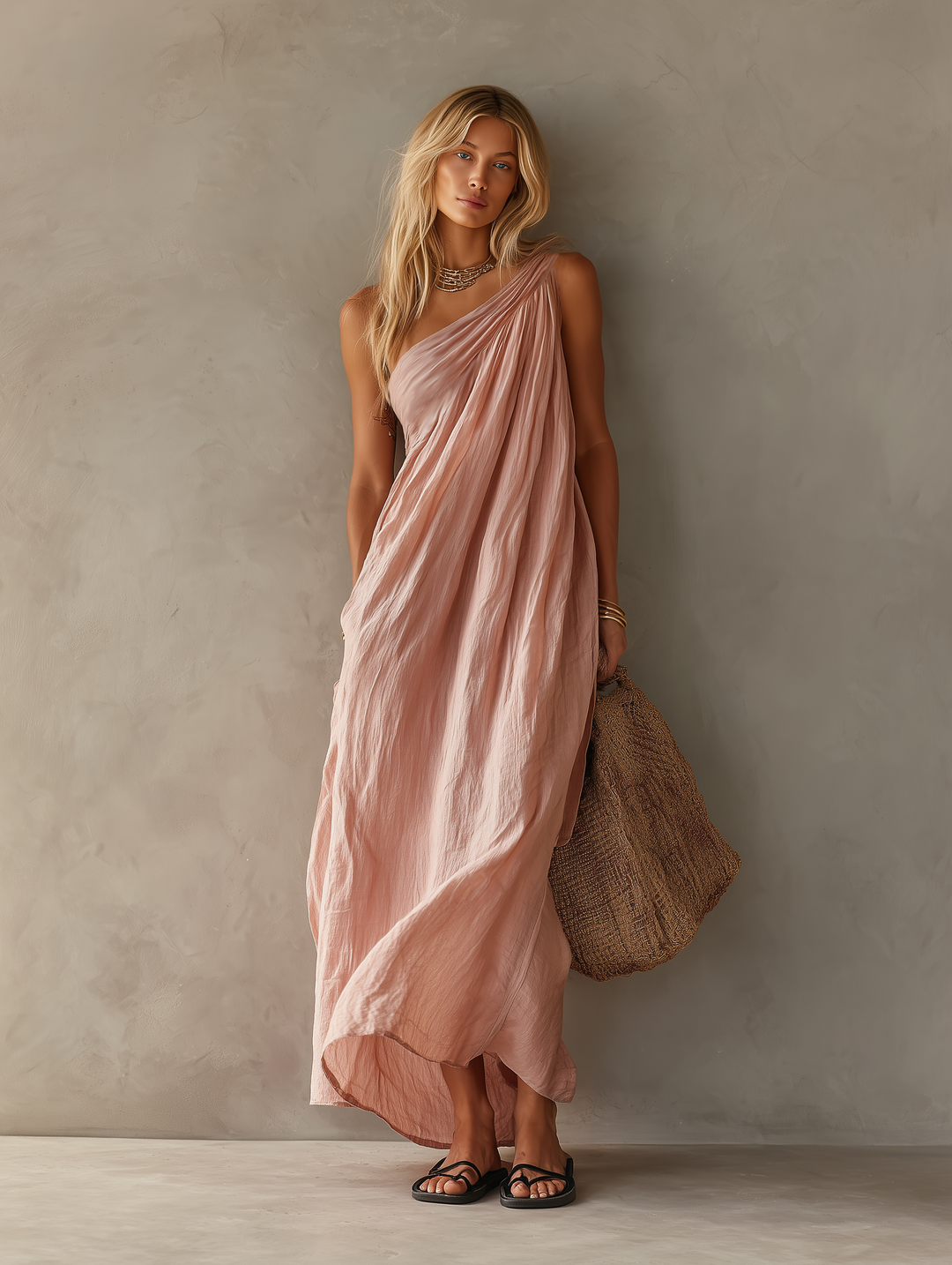 Kelly™ maxi dress in blush pink, sleeveless halter neckline, gathered waist, side slit hem