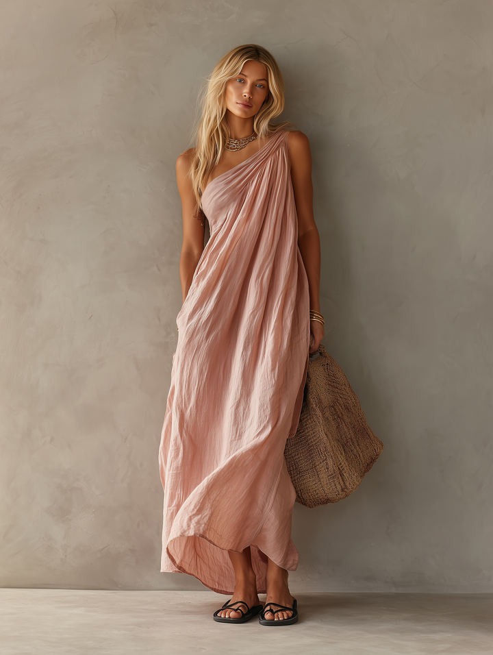 Kelly™ maxi dress in blush pink, sleeveless halter neckline, gathered waist, side slit hem