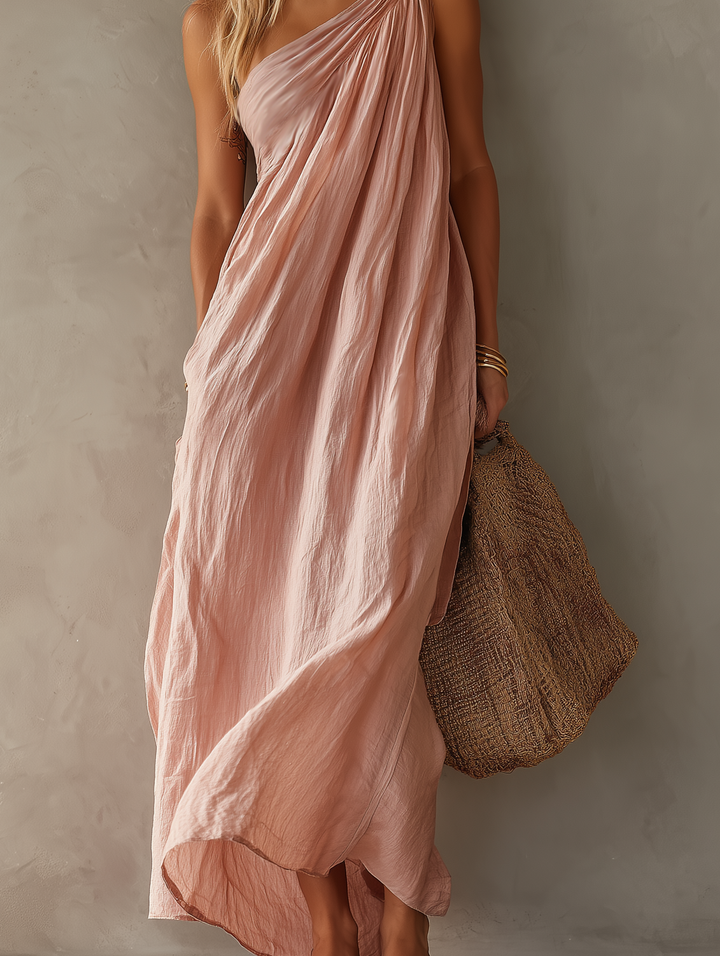 Kelly™ maxi dress bodice detail in blush pink, sleeveless halter drape with gathered pleats