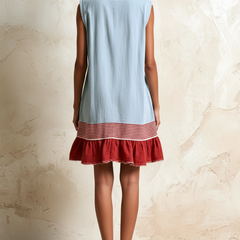 Light blue sleeveless ruffle hem tunic dress with striped hem band, back view