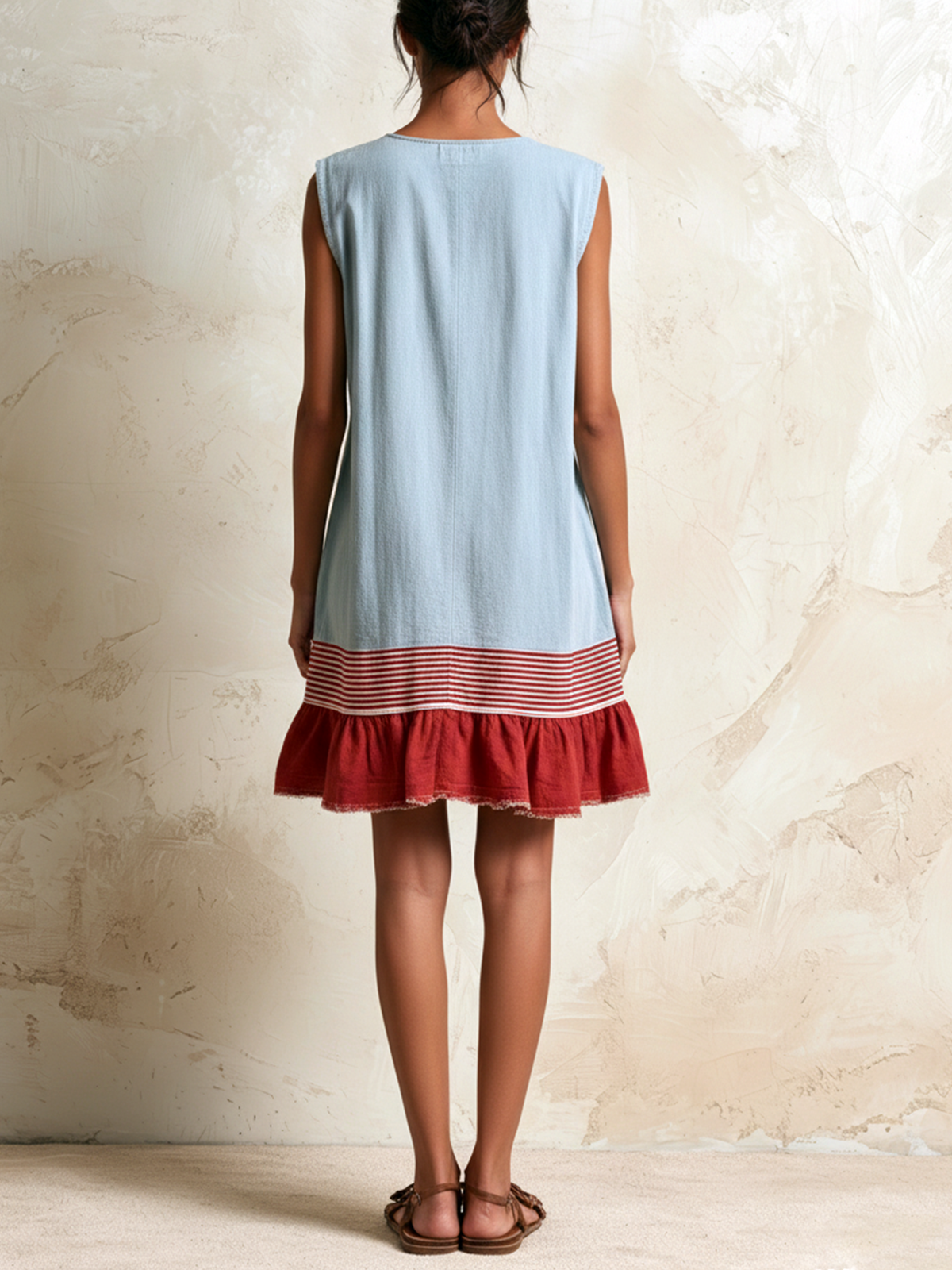 Light blue sleeveless ruffle hem tunic dress with striped hem band, back view
