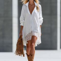 White crochet lace shirt dress, long sleeves, V-neck zip front and scalloped lace hem