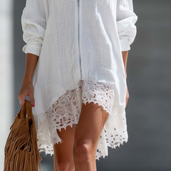 White shirt dress with zip front and crochet lace panel along the hem