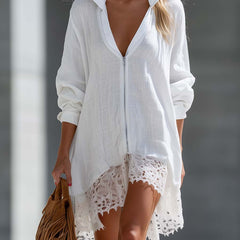 White crochet lace shirt dress with zip front and scalloped lace hem, long sleeves