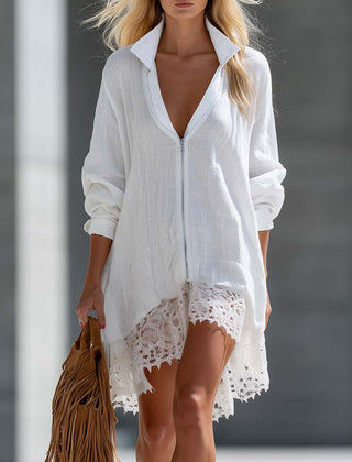 White crochet lace shirt dress with zip front and scalloped lace hem, long sleeves