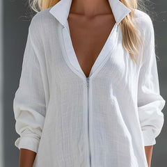 White shirt dress with V-neck zip front and crochet lace hem detail