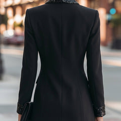 Black tailored blazer back view with sequin cuff trim