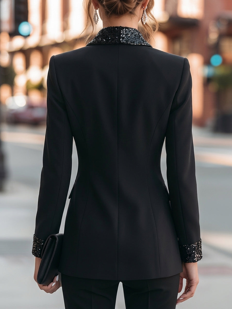 Black tailored blazer back view with sequin cuff trim