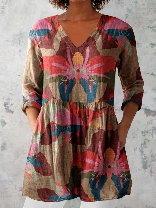 Multicolor floral long-sleeve V-neck blouse with gathered waist flare
