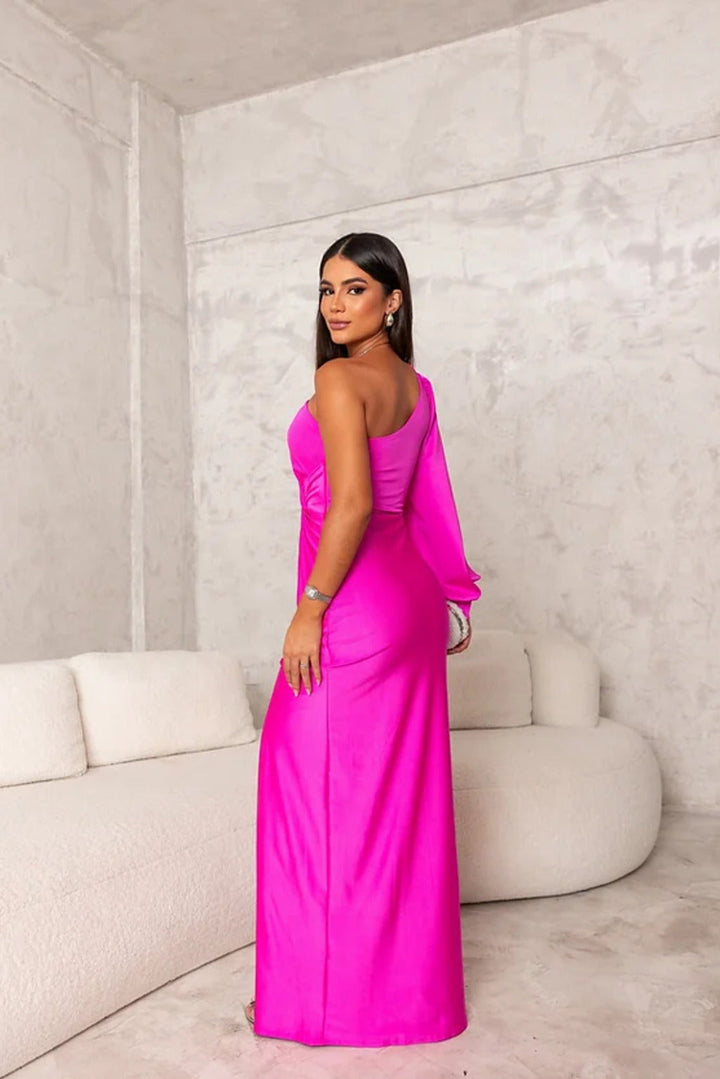 Fuchsia one-shoulder satin maxi dress with draped ruching and side slit