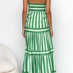 Back view green striped tiered maxi dress with spaghetti straps