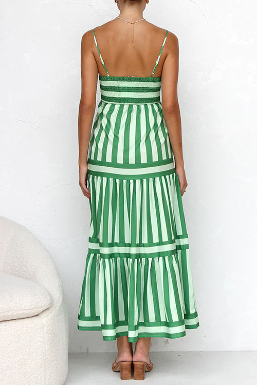 Back view green striped tiered maxi dress with spaghetti straps