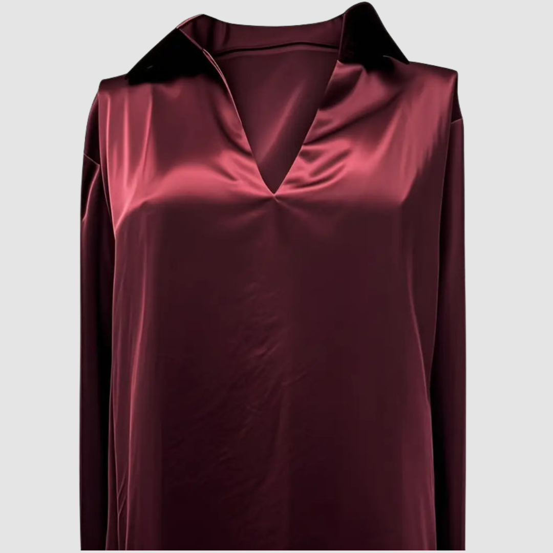 Burgundy satin blouse with deep V-neck and long sleeves
