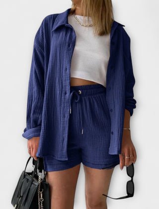 Navy button-front top with drawstring shorts, matching two-piece set