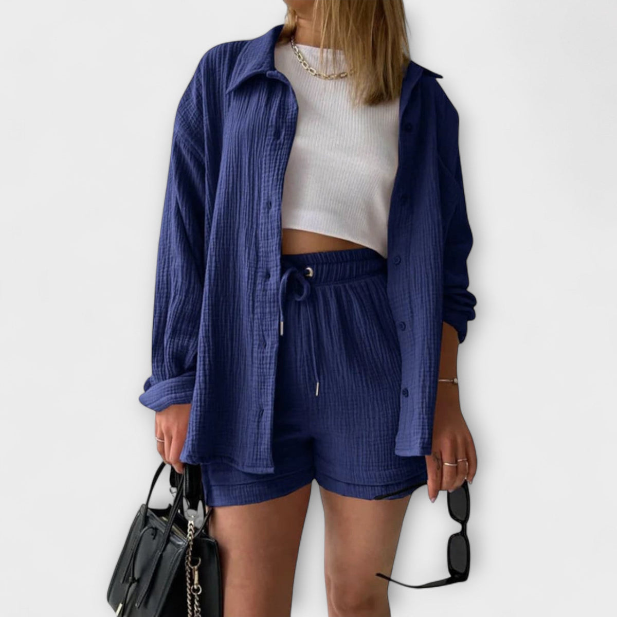 Navy button-front top with drawstring shorts, matching two-piece set