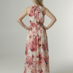 Pink floral gathered halter midi dress with tied halter back and full skirt.